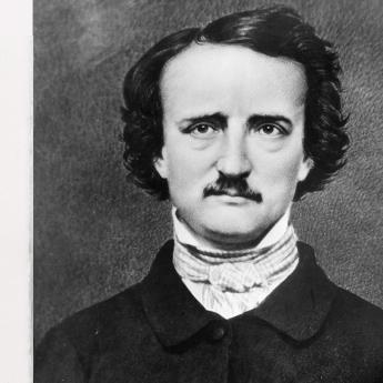 Left image is a illustration of a raven. The right image is a black and white portrait of Edgar Allan Poe.