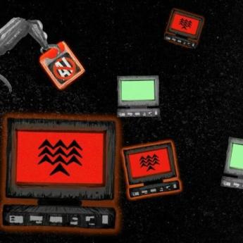 A black background behind six computers, four of which depict red screens and two of which depict green screens. On the left of the image, a robot holds an anti-AI sign.