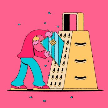 Cartoon depicts a person shredding their credit card on a giant cheese grater