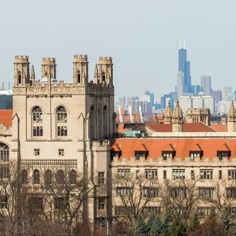 UChicago campus with city skyline in the background