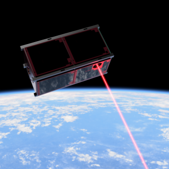 Artist's illustration of a rectangular box floating in space with the curve of the earth visible below. It is emitting a red laser beam