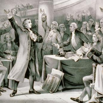 A black and white drawing depicts Patrick Henry giving an animated speech at the Virginia Convention