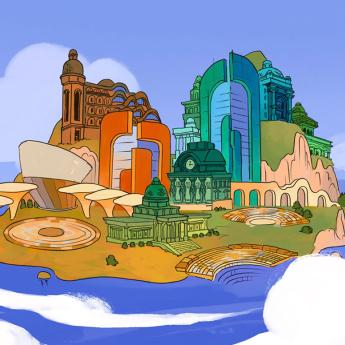 Illustration of an island with several colorful buildings on it.