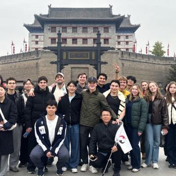 Students on a class trip to the City Walls in Xi'an.