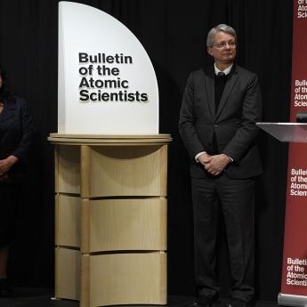 Alexandra Bell, chairman and CEO of the Bulletin of the Atomic Scientist, speaks at a Jan. 27 news conference announcing the time of the Doomsday Clock. She is joined by Bulletin members (from left) Jon B. Wolfsthal, Asha M. George and Steve Fetter.