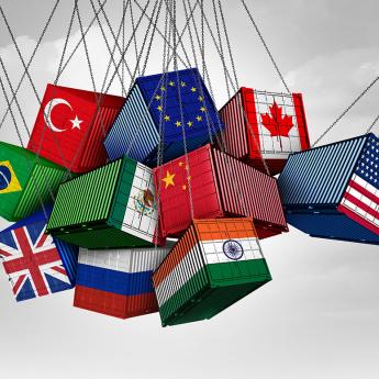 An illustration of tangled up shipping containers with country flags printed on the side