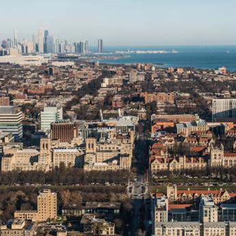 Aerial shot of UChicago campus and Chicago
