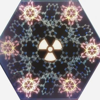 Hexagon with nuclear symbol surrounded by atoms