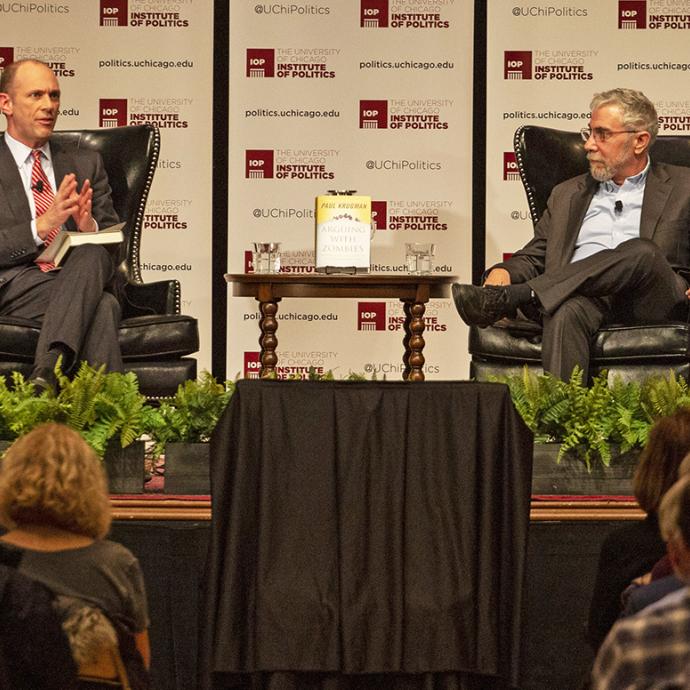 Paul Krugman, right, speaks with Prof. Austan D. Goolsbee in an event at the International House 