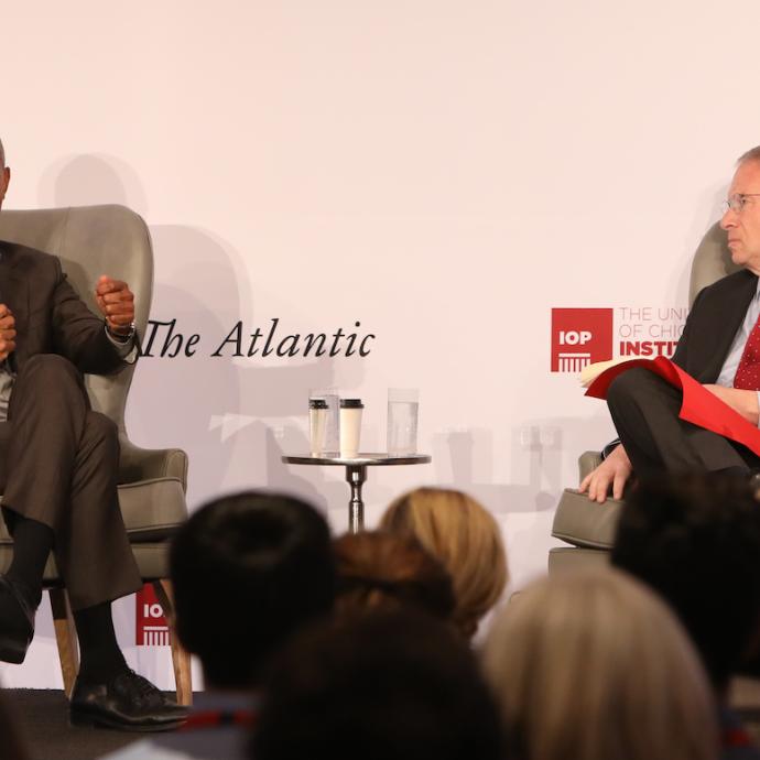 Barack Obama speaks with Jeffrey Goldberg, editor of The Atlantic, at UChicago's Rubenstein Forum