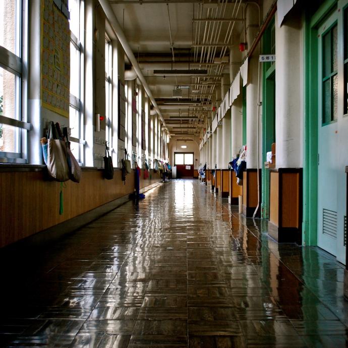 An empty school hallway during the day