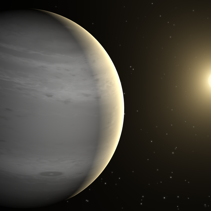 Illustration of a large grayish planet with several bands of clouds to left of frame with a distant sun visible to the right