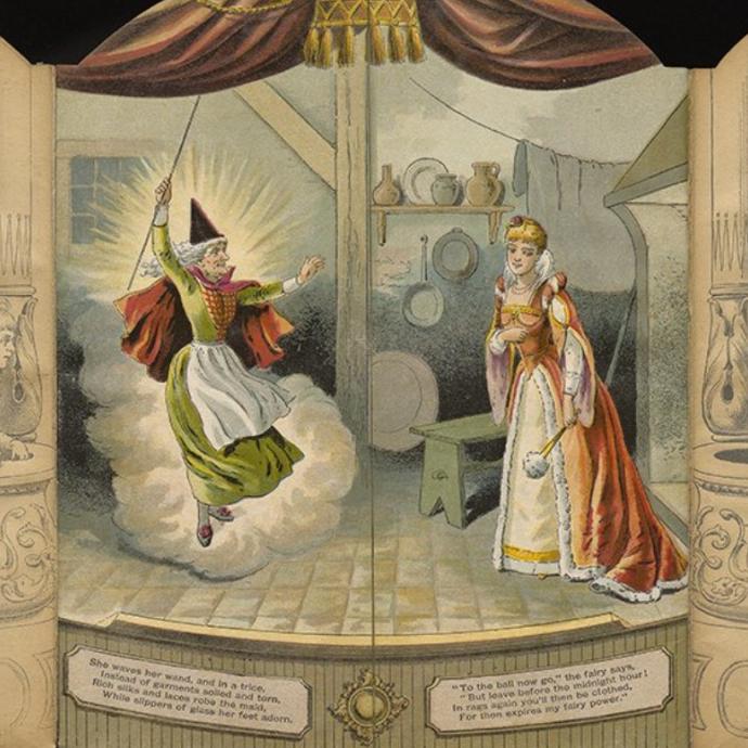 A an open book shaped like a theater with the main story on the stage and the audience in the wings. In the center scene the fairy godmother is waving her wand at Cinderella. 