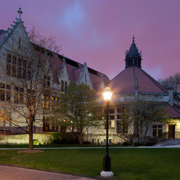 A view of the Kent Laboratory building at dusk