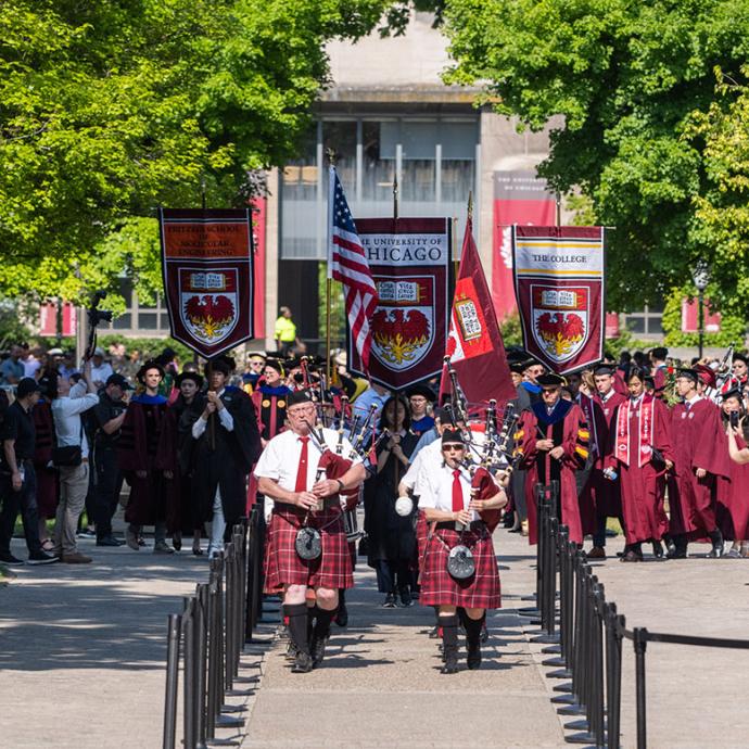 The University of Chicago Pipe Band procession at the main Convocation.