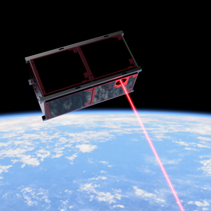 Artist's illustration of a rectangular box floating in space with the curve of the earth visible below. It is emitting a red laser beam
