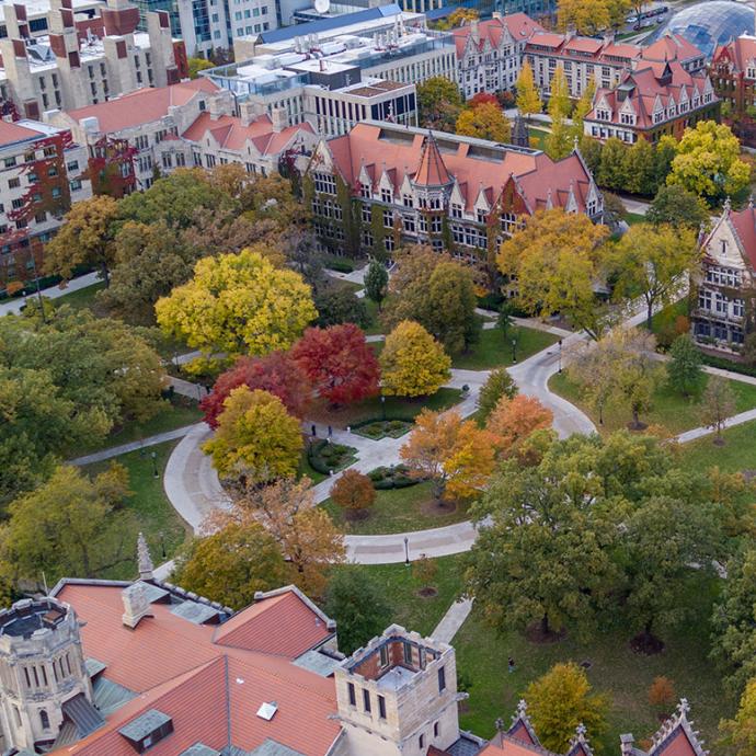 Aerial view of campus during Fall