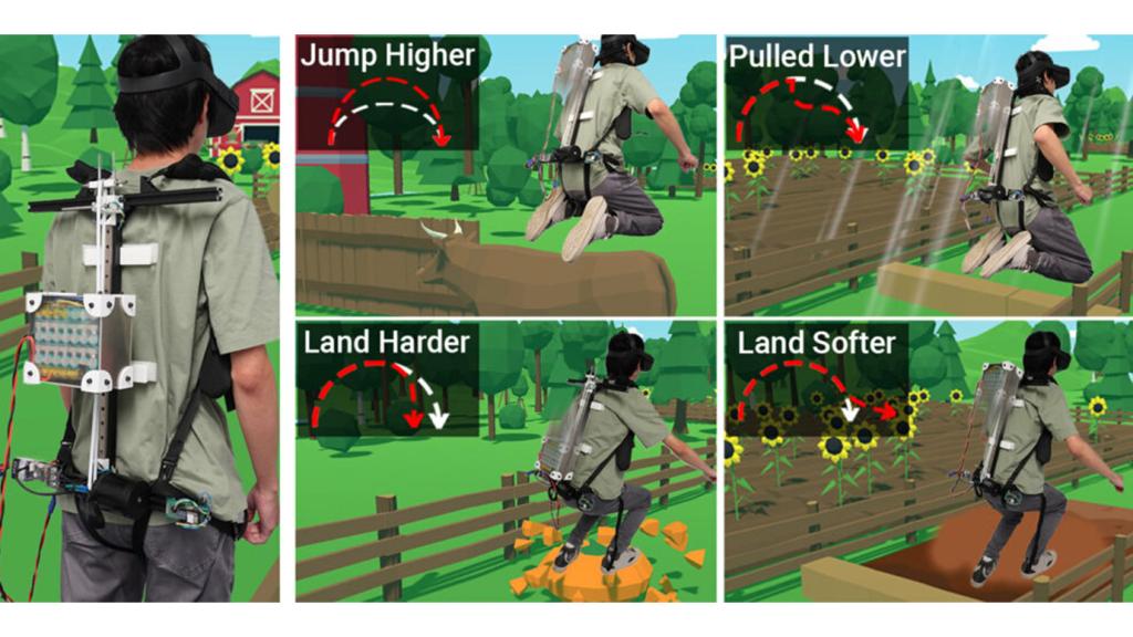 A series of images show how JumpMod gives users the feeling of jumping higher, landing harder, landing softer, and being pulled lower while in a VR game.