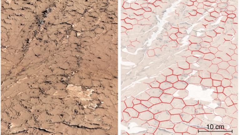 A side by side comparison shows cracks in the Martian mud and the same image with the hexagonal shapes of cracks highlighted in red.