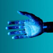 Visualization of a prosthetic hand, illustrated with blue light