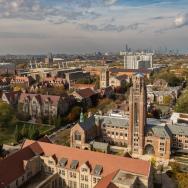 View of University of Chicago campus with downtown skyline