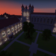 A screenshot of the UChicago's Harper Quadrangle at night, recreated on Minecraft