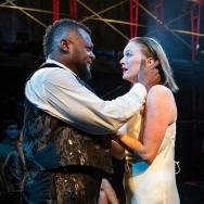 Othello and Desdemona, played by Kelvin Roston Jr. and Amanda Drinkall