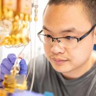 Scientist works with gloves on gold apparatus