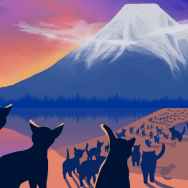 A screenshot from the puzzle game Foldit, showing cats walking toward a mountain in the distance