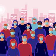 Illustration of a crowd of people wearing masks, with a pink city skyline in the background
