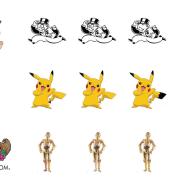 Six famous pop culture characters and logos, each accompanied by two similar but incorrect alternate versions. Clockwise from top right: Mr. Monopoly, Pikachu, C-3PO, Fruit of the Loom logo, Waldo, Curious George