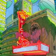 Illustration of Chicago Theater and surrounding buildings covered in plants and foliage.
