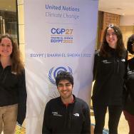 (L to R) Four students in the College, Zoë Saldinger, Adera Craig, Raghav Pardasani, Elizabeth Zazycki, along with Sativa Volbrecht AB’20, campus engagement manager for the Energy Policy Institute, traveled to Egypt for the 27th Conference of the Parties of the United Nations Framework Convention on Climate Change.