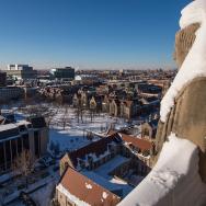 The sculpture Thomas à Kempis atop Rockefeller Memorial Chapel looking west 