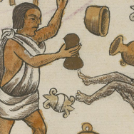 Illustration of man holding object while surrounded by broken pots and dishes. A demon figure lies prone.