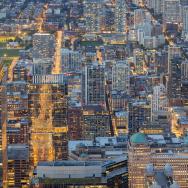 Aerial photo of Chicago light up at night