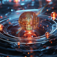 Abstract image of glowing ball surrounded by ripple-like concentric rings.