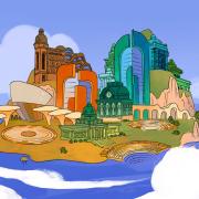 Illustration of an island with several colorful buildings on it.