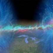 A colorful sci-fi illustration of quantum entanglement over the Great Lakes region.