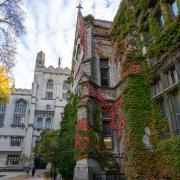 A picture of a Gothic-style building with ivy on the front of it, in autumn