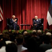 The Estonian president on stage at the UChicago Global Forum