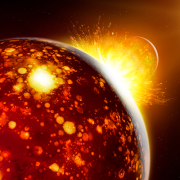 Artist's illustration showing a fireball slamming into a hot lava covered planet. The sun is visible in the background.