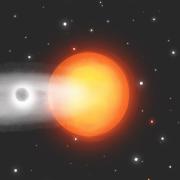 Illustration of a planet surrounded by a haze of white gas, passing in front of a bright yellow sun.