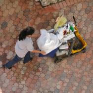 Maid rolling a cleaning cart