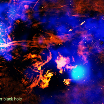 Colorful altered-colored image view of space with a bright blob on one side labeled as the black hole and a second, smaller blue blur on the right side labeled "vent"